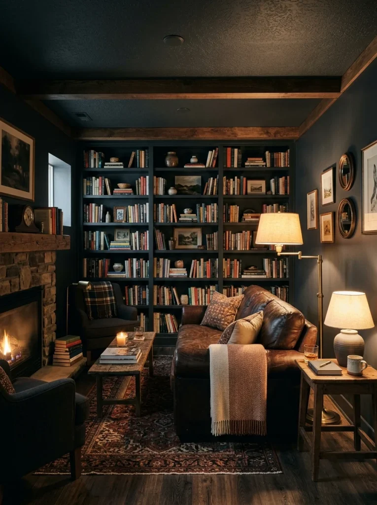 Dark charcoal painted basement ceiling creating a cozy atmosphere.