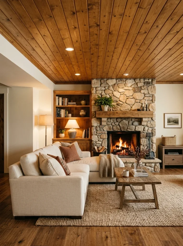 Warm pine wood plank ceiling in a finished basement.