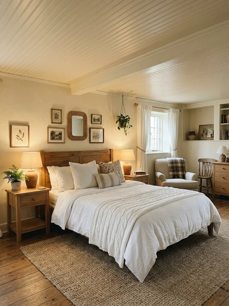 Cream beadboard ceiling in a cozy basement guest room.