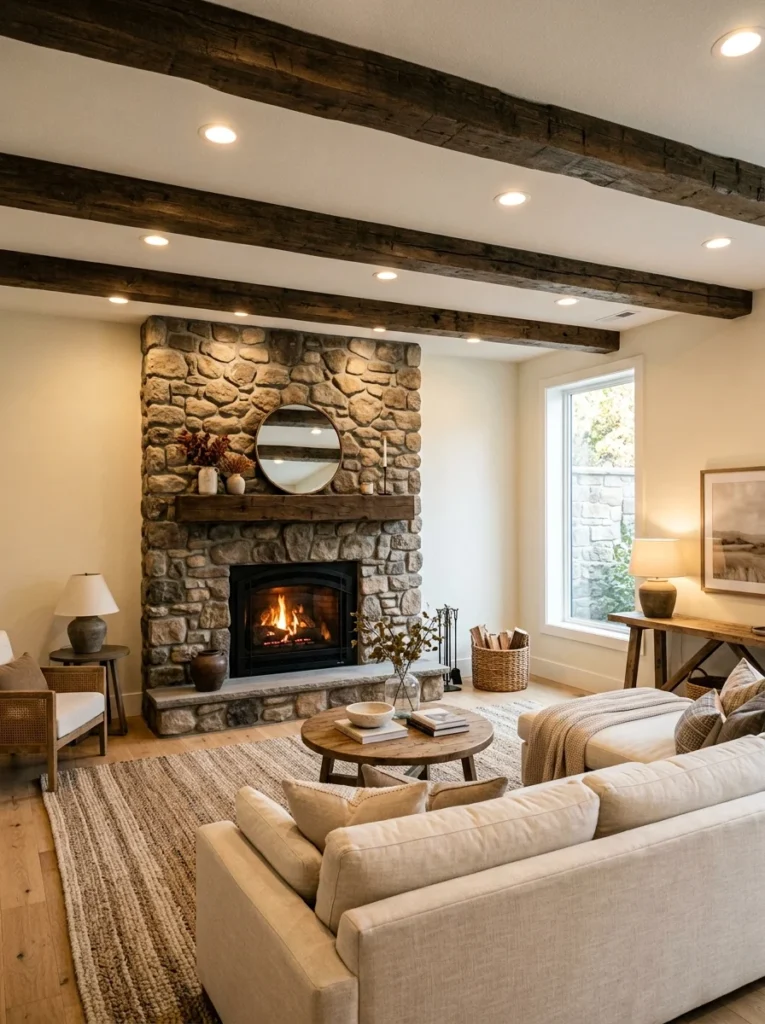 Faux reclaimed wood beams decorating a basement ceiling.