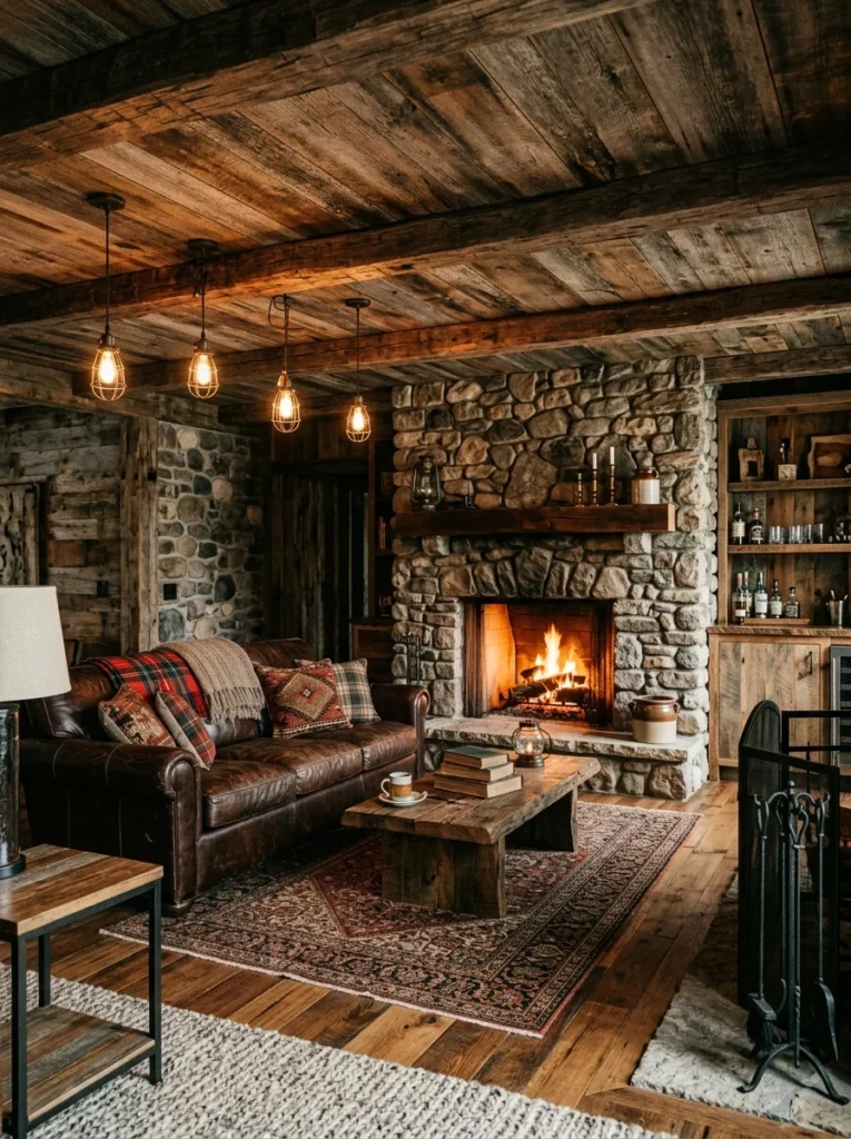 Reclaimed barn wood ceiling creating rustic character.