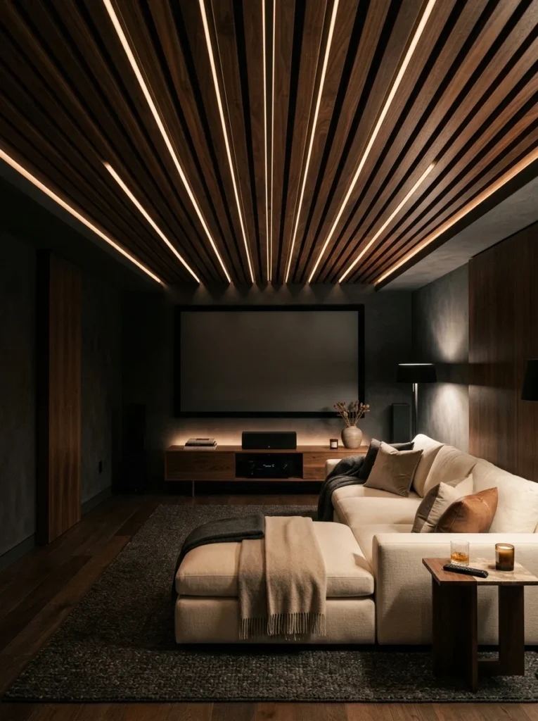 Wood slat ceiling with integrated warm LED lighting.
