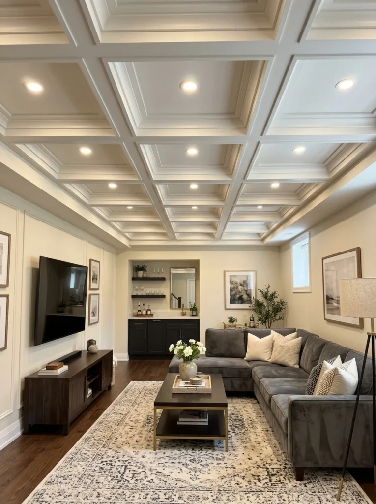 DIY coffered basement ceiling using painted furring strips.