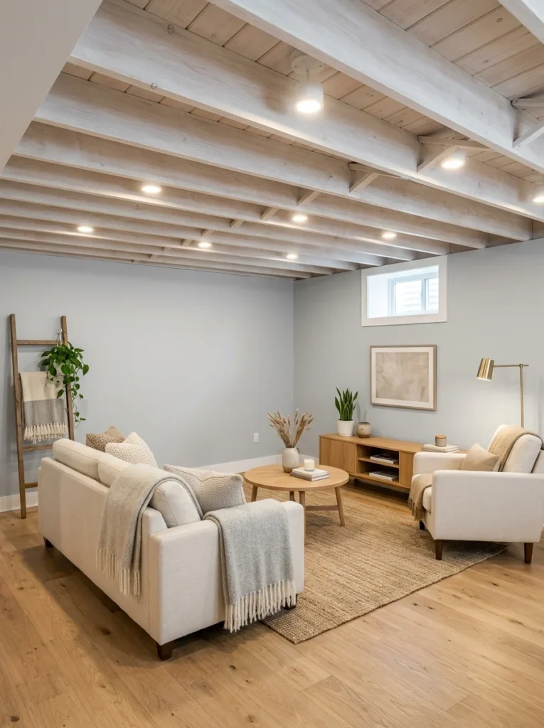 Whitewashed exposed joists brightening a basement.