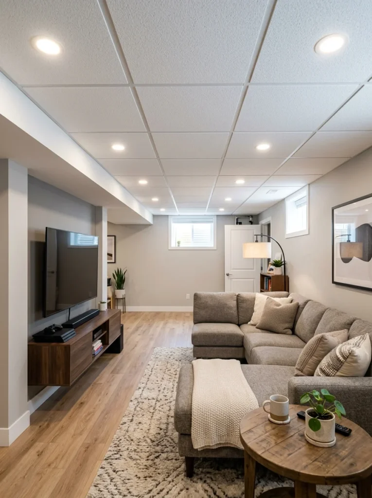 Modern suspended drop ceiling with clean white ceiling tiles.