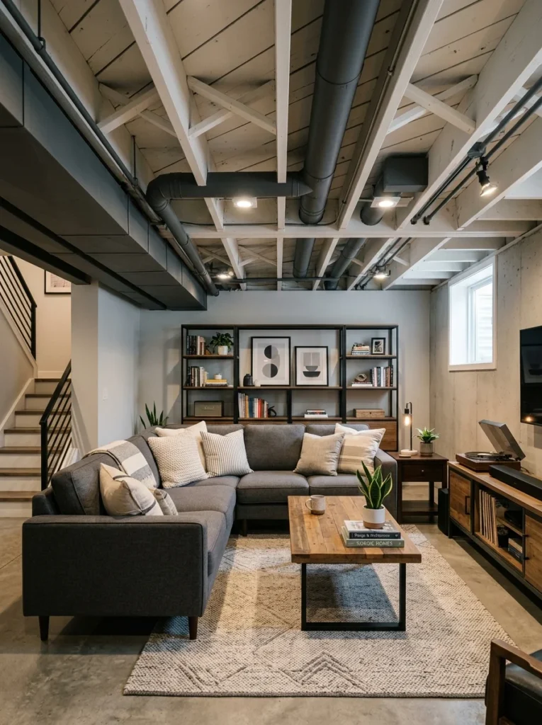 Two-tone painted basement ceiling with darker ductwork.