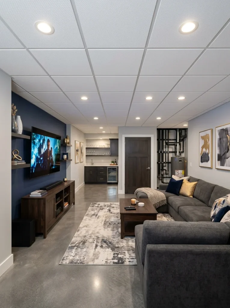 Modern suspended ceiling tiles covering popcorn texture.