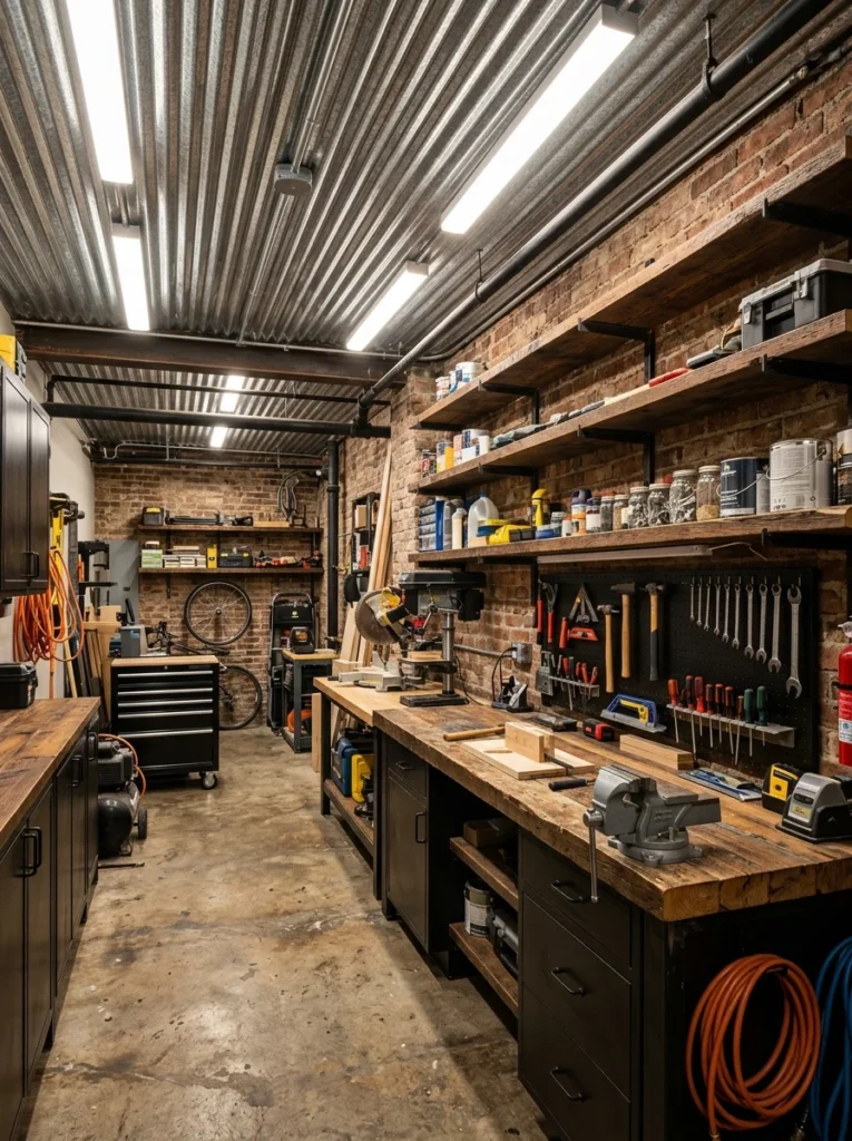 Corrugated metal ceiling in an industrial basement.