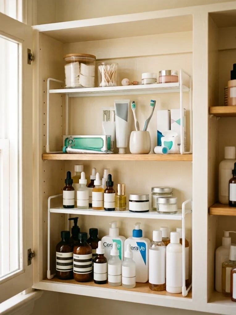Tension-mounted shelf risers creating extra storage inside a bathroom cabinet.