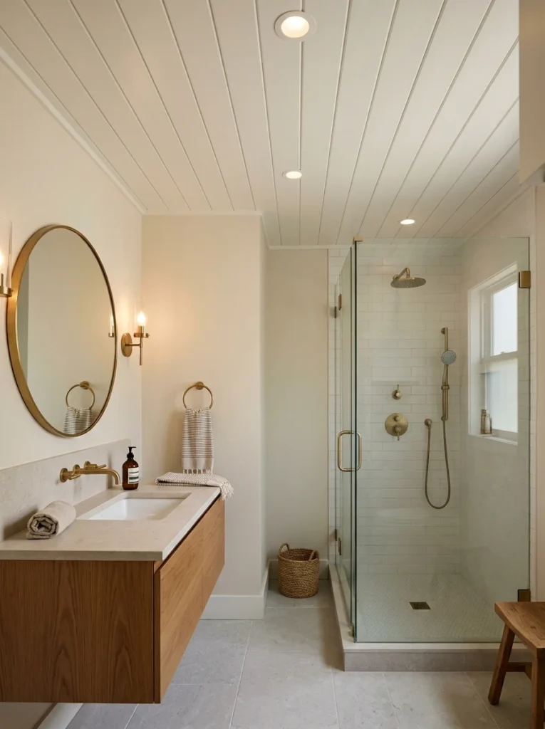 Narrow white shiplap ceiling adding detailed texture to a compact bathroom.