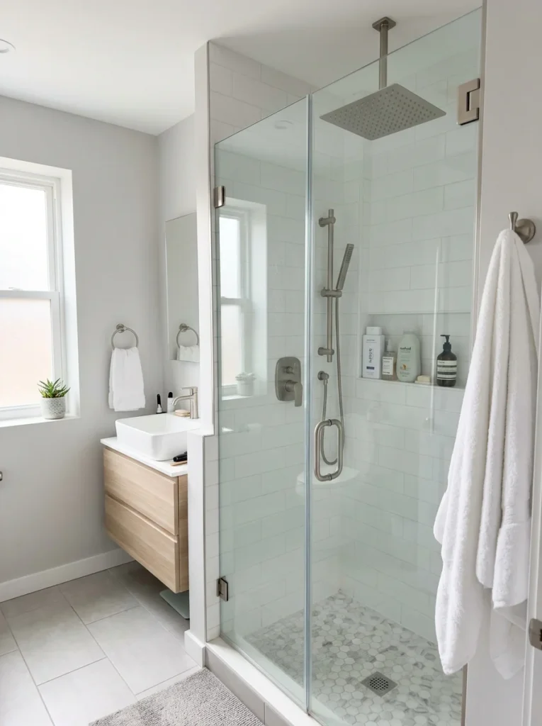 Rental bathroom upgraded with a modern rainfall showerhead.
