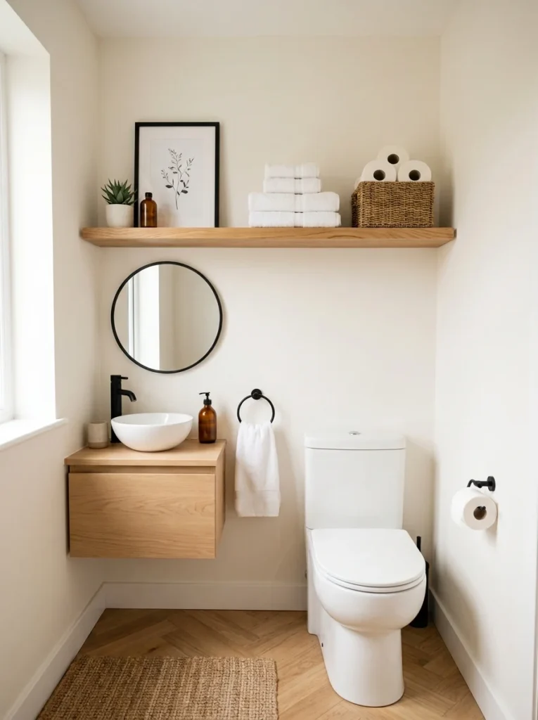 Floating wood shelf above the toilet holding towels and bathroom essentials.