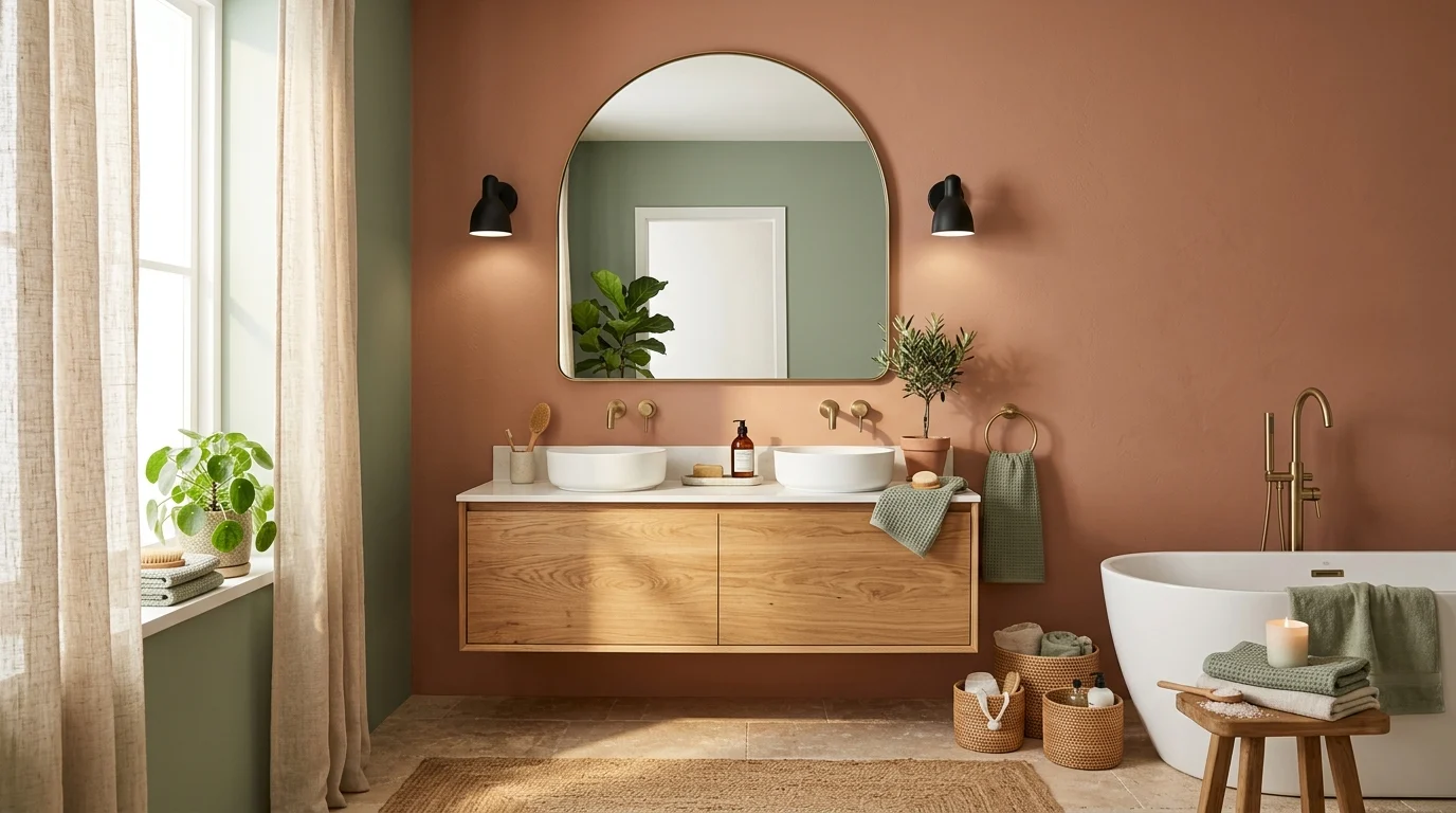 Modern bathroom with warm terracotta walls, oak vanity, brass fixtures, and spa-inspired decor.