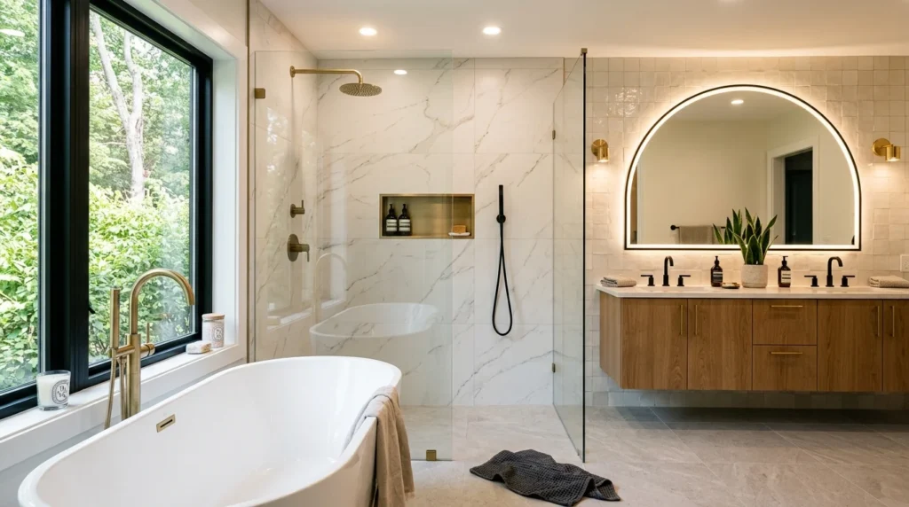 Luxury bathroom remodel featuring a freestanding tub, floating vanity, curbless shower, warm wood, and modern fixtures.