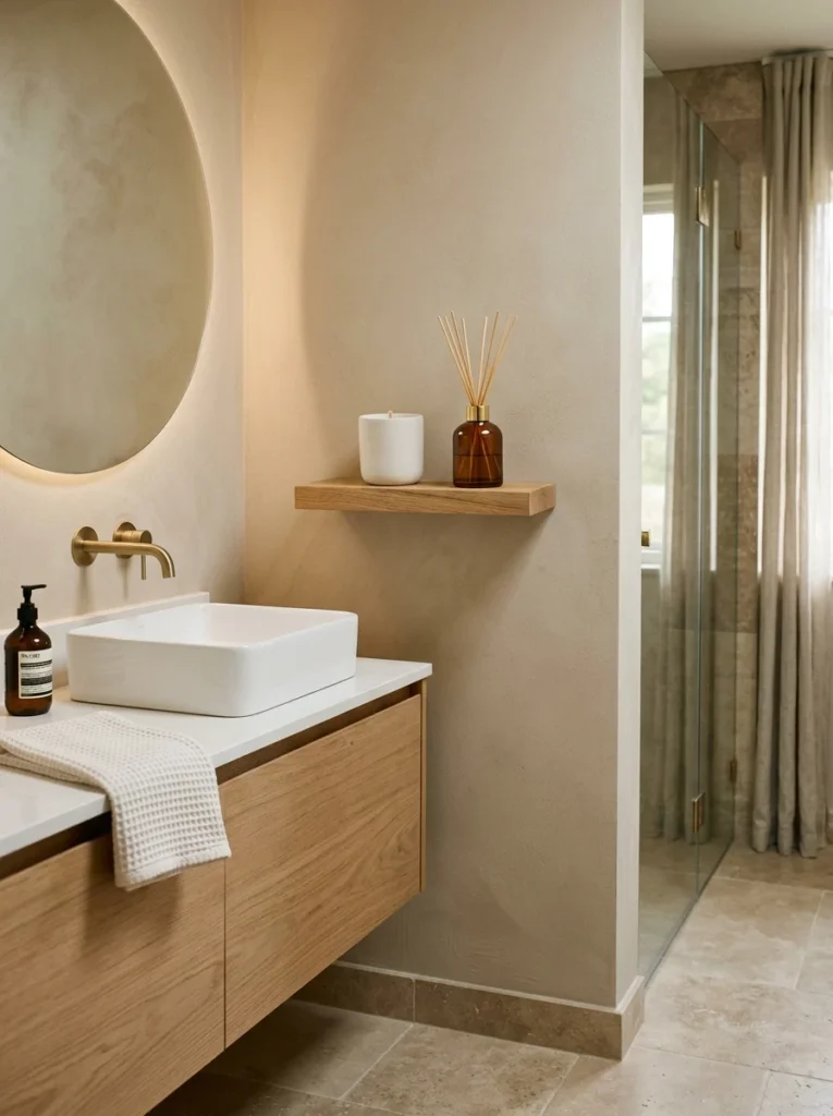 Small bathroom shelf holding a candle and diffuser away from wet areas.