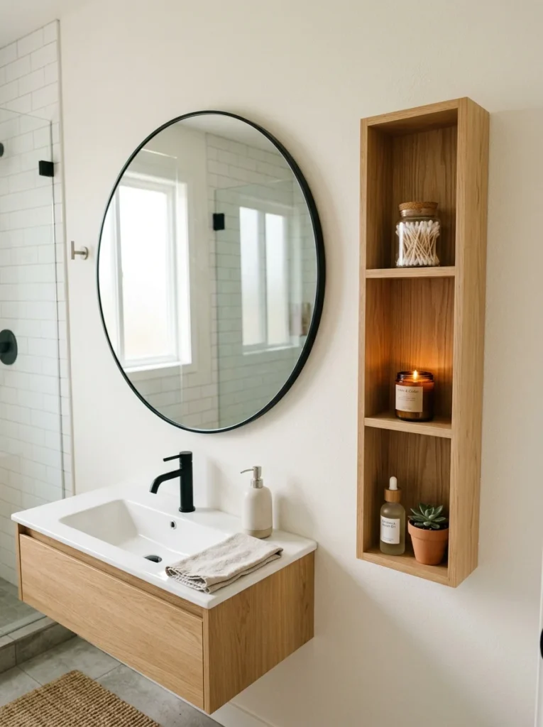 Narrow shelf beside a bathroom mirror holding small everyday essentials.