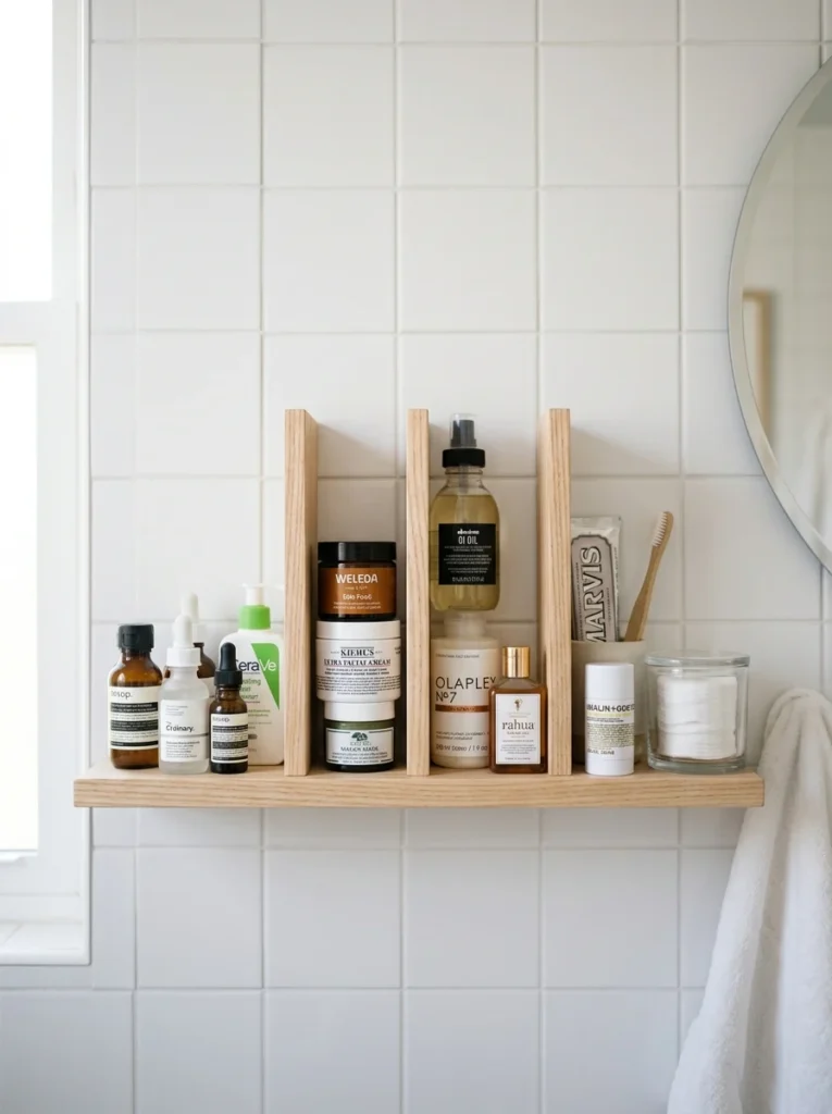 Vertical shelf dividers keeping bathroom bottles and toiletries neatly organized.