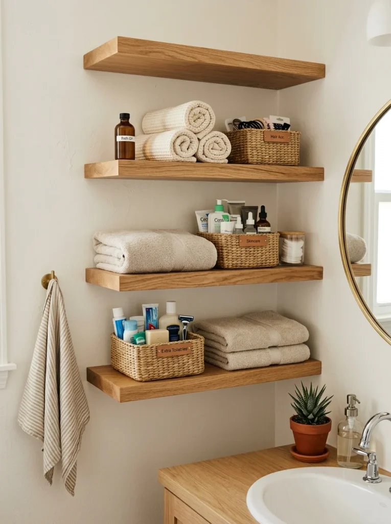 High bathroom shelf above the door storing extra towels and baskets.