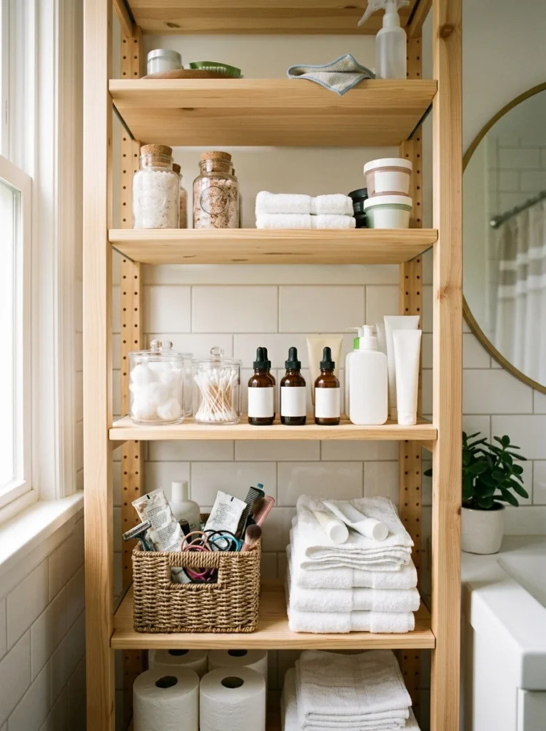 Bathroom shelves reorganized to keep frequently used products easy to reach.