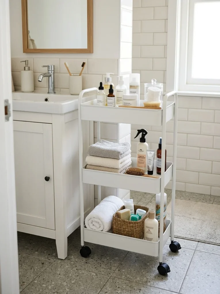 Slim three-tier rolling cart providing flexible storage beside a bathroom vanity.