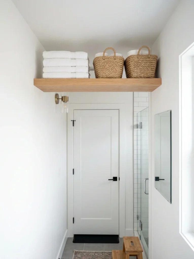 High bathroom shelf above the door storing extra towels and baskets.