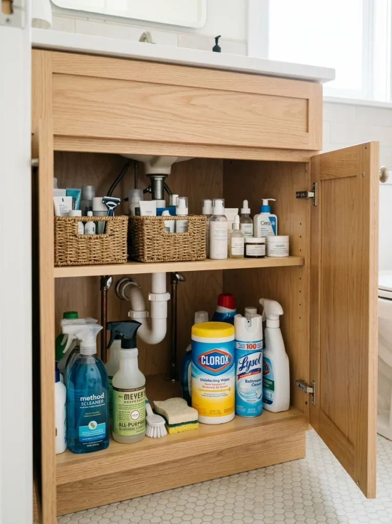 Adjustable shelf doubling storage space inside a bathroom vanity cabinet.