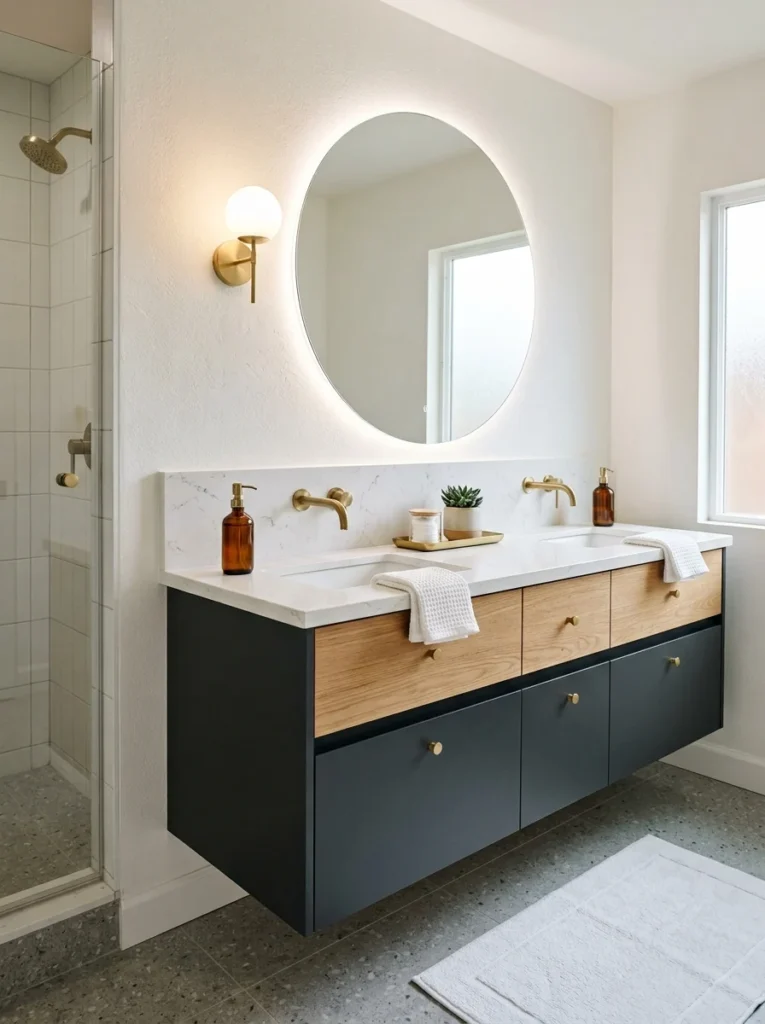 Brushed brass bathroom fixtures paired with warm neutral finishes.