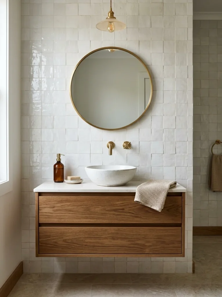 Handmade zellige tile accent wall behind a bathroom vanity.