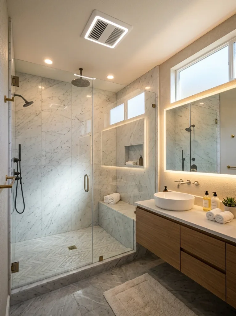 Luxury bathroom with upgraded ventilation preventing moisture buildup.