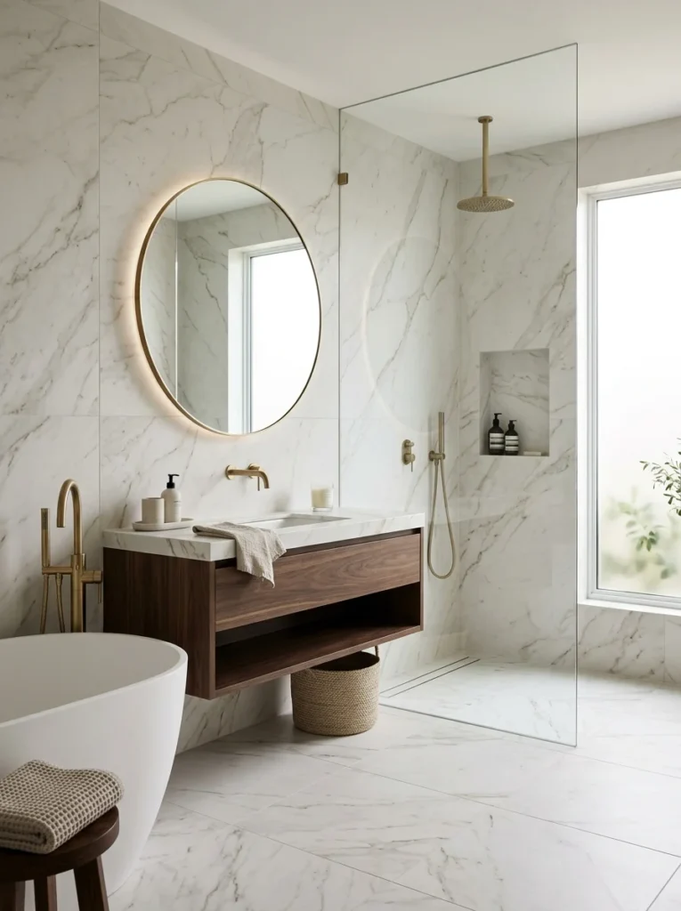 Bathroom with large-format marble-look tiles and minimal grout lines.