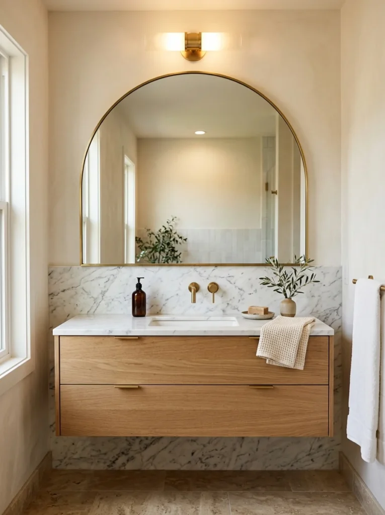 Oversized arched statement mirror above a bathroom vanity.