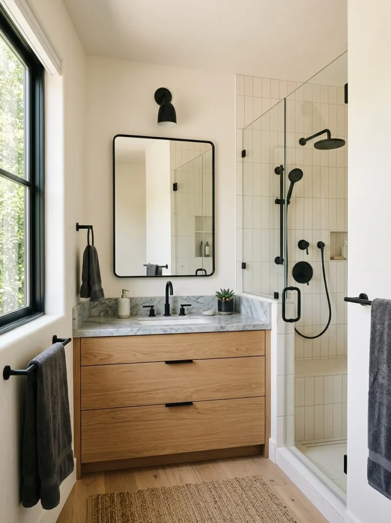 : Modern bathroom with matte black fixtures and warm oak vanity.