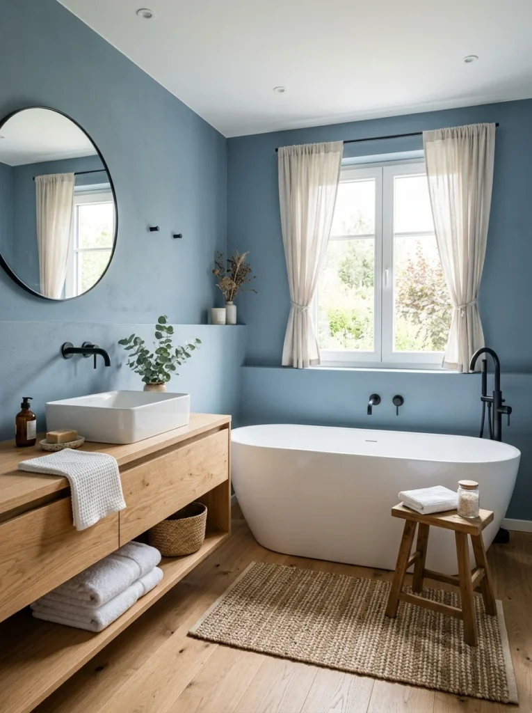 Dusty blue bathroom with natural wood and spa-inspired decor.
