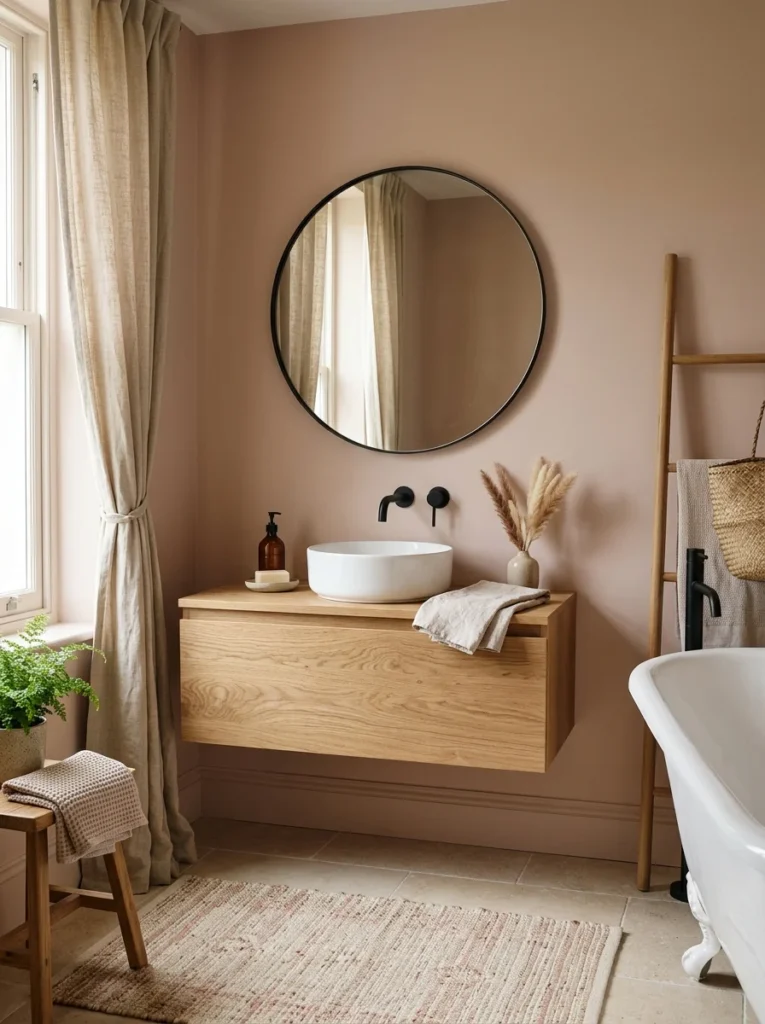 Warm blush bathroom with oak vanity and black fixtures.