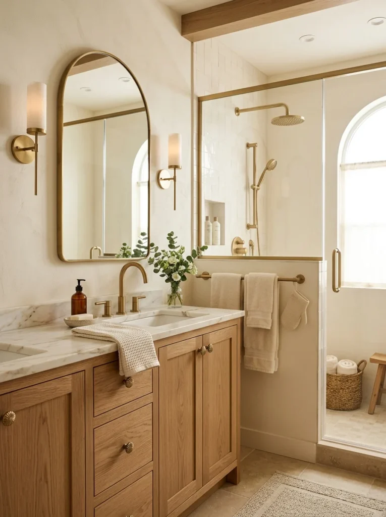 Frameless glass shower creating an open bathroom layout.