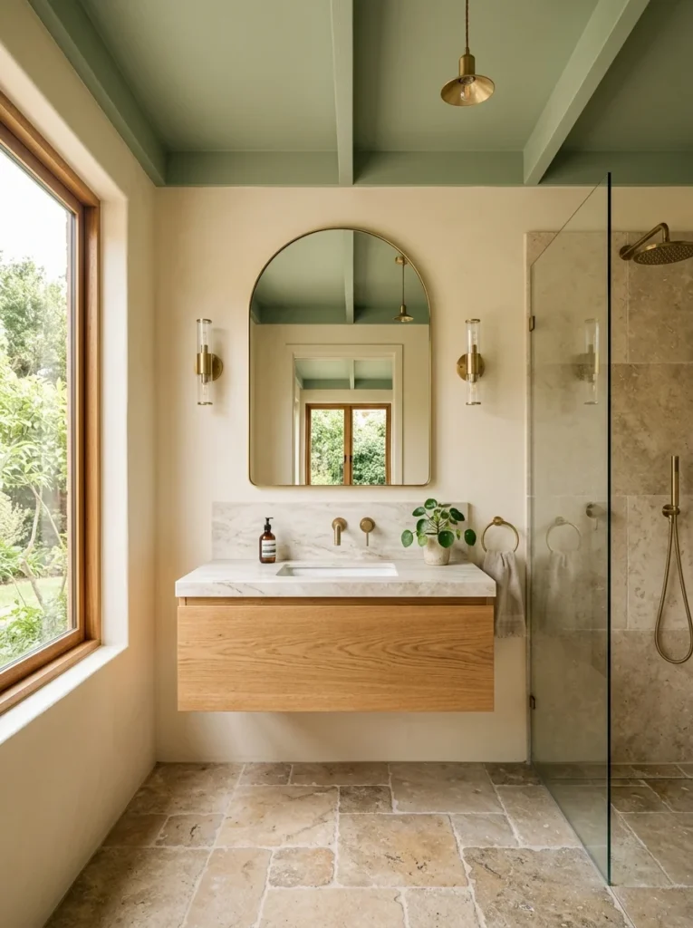 Bathroom with cream walls and sage green ceiling creating subtle visual contrast.