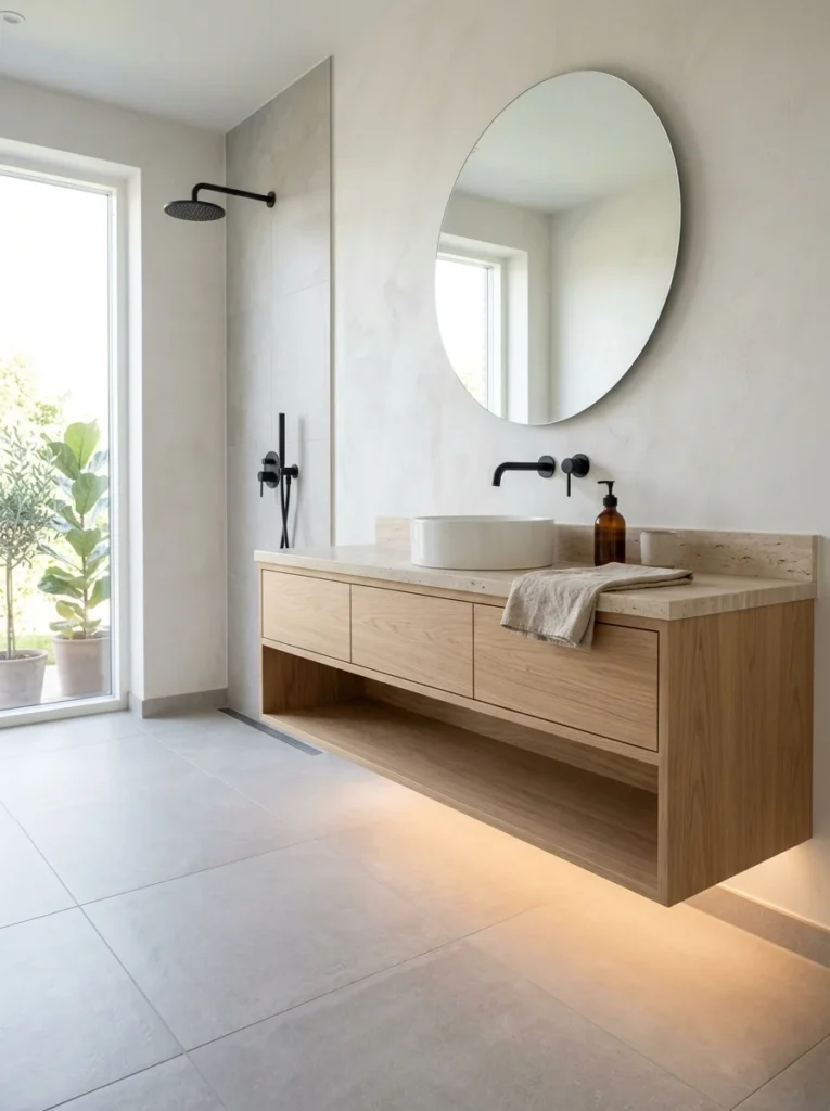 loating wood vanity making a small bathroom feel larger.