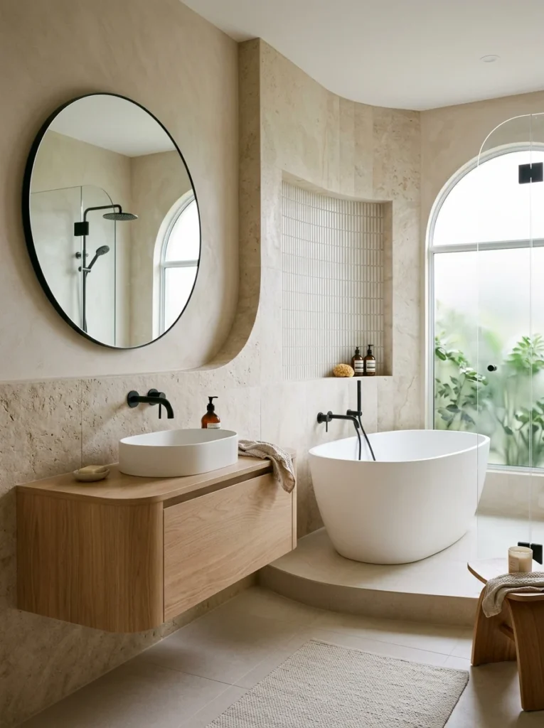 athroom featuring curved vanity, mirror, and architectural details.