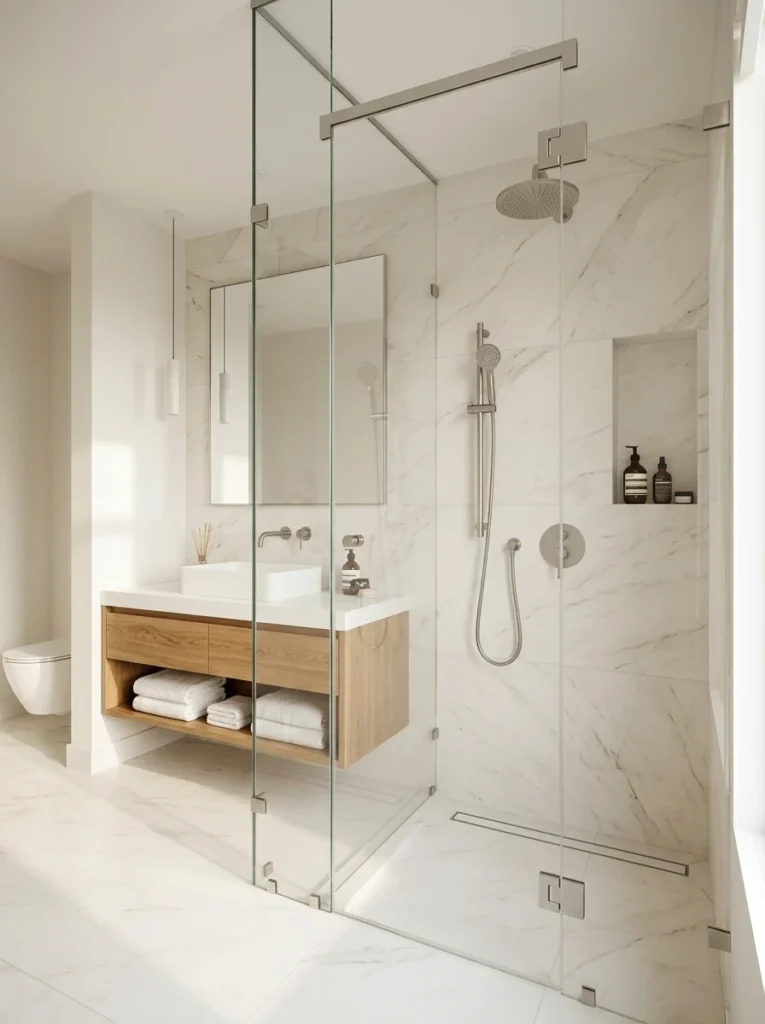 Frameless glass shower enclosure creating a bright and spacious modern bathroom.