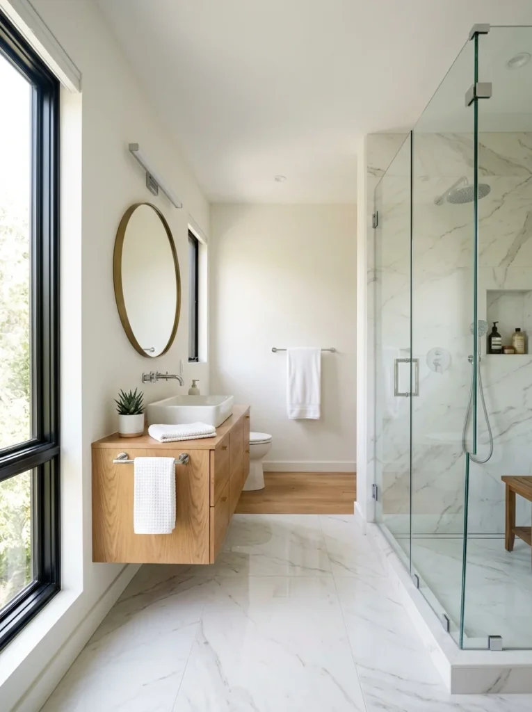 Frameless glass shower making a bathroom feel larger.
