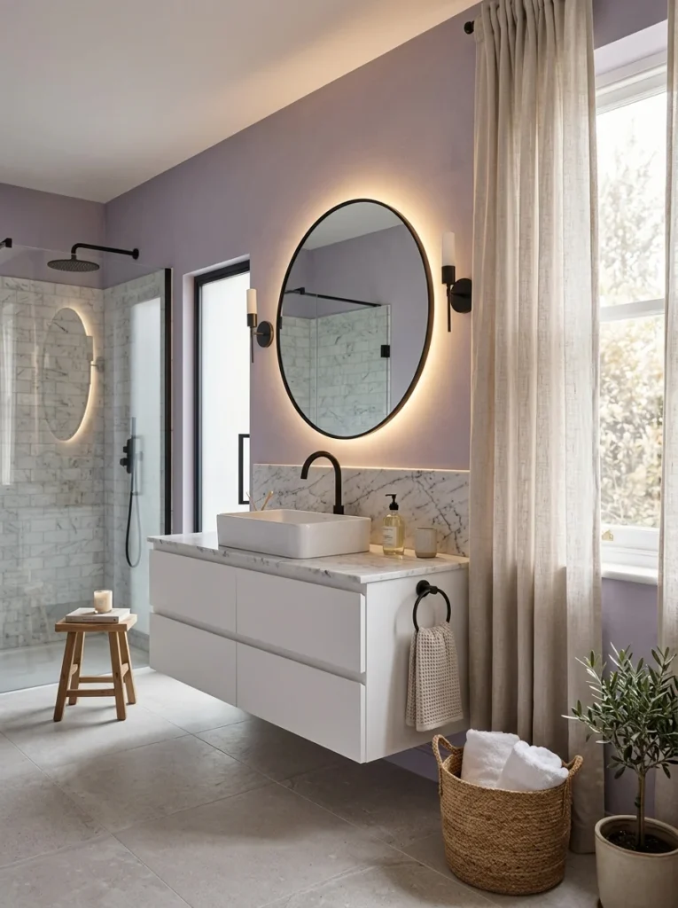 Soft lavender bathroom with white vanity and black fixtures.