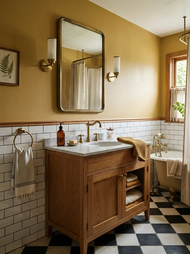 ted mustard bathroom with vintage-inspired decor.