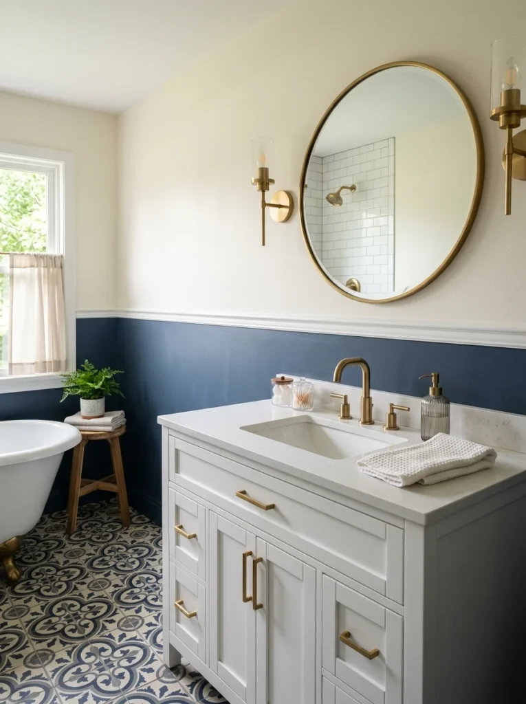 Two-tone bathroom walls separated by a chair rail.