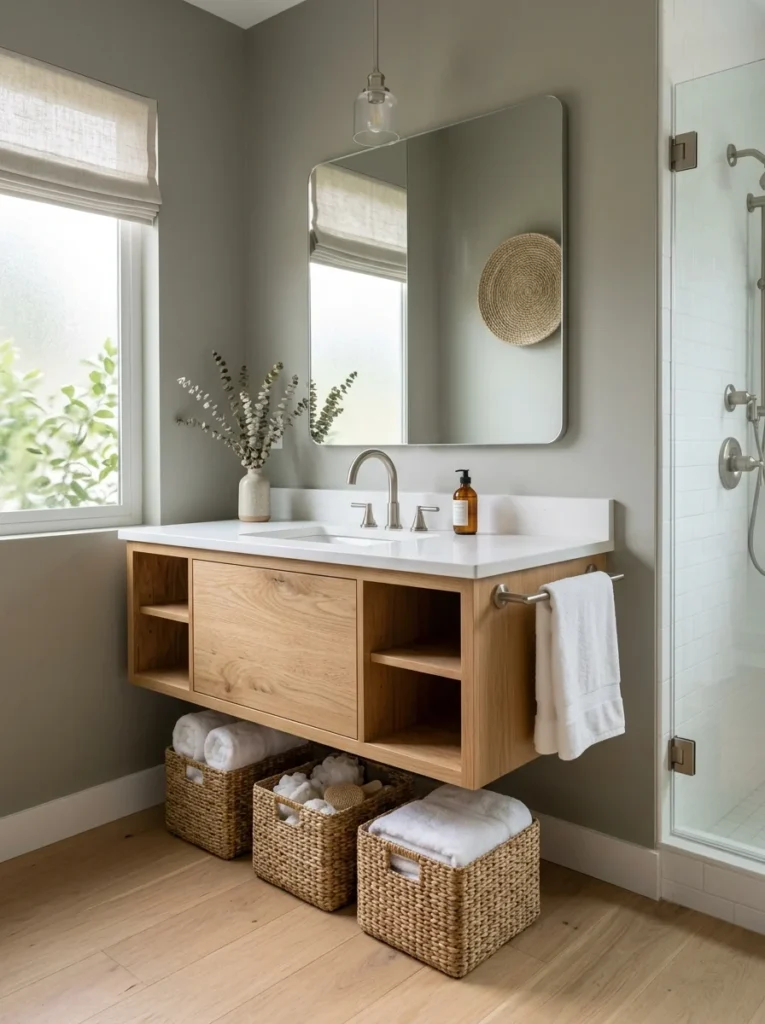 Warm gray-green bathroom with natural wood vanity.