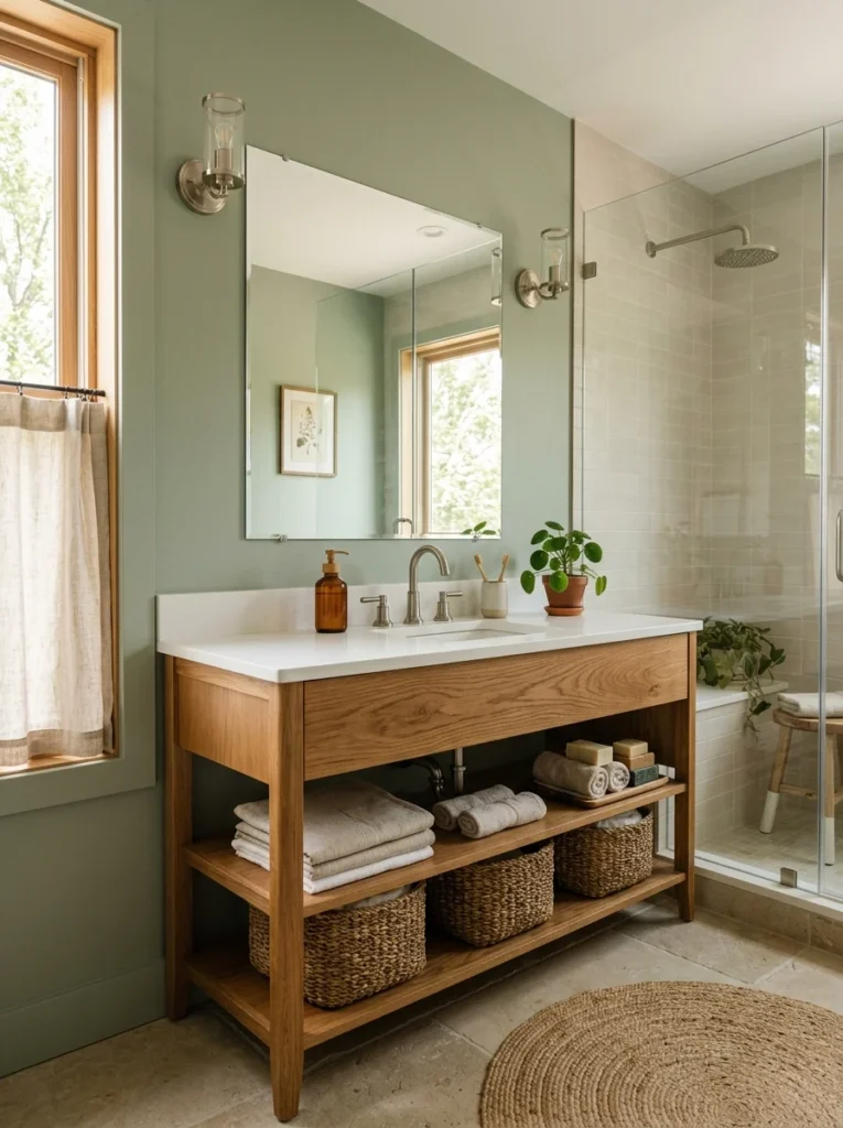Sage green bathroom with natural wood and woven decor.