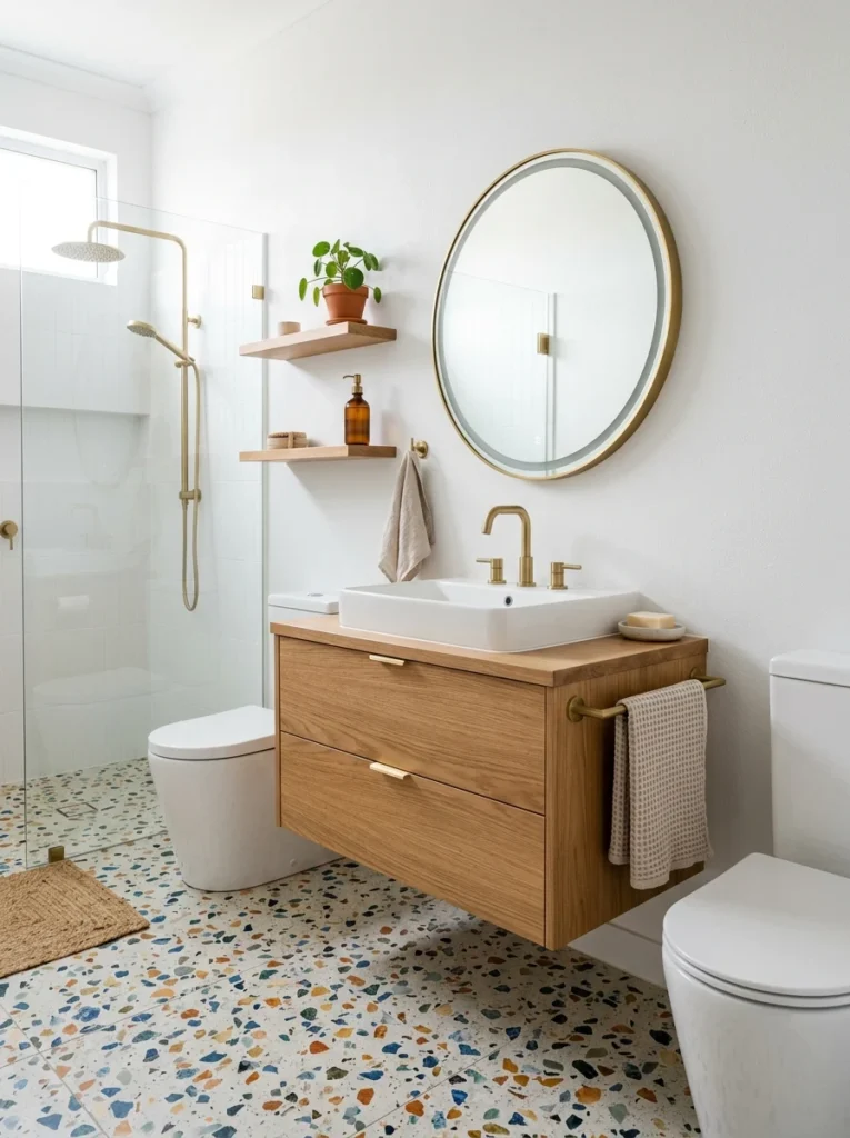 Two-tone bathroom vanity combining charcoal and natural oak.