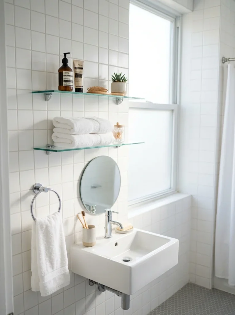 Narrow shelf beside a bathroom mirror holding small everyday essentials.