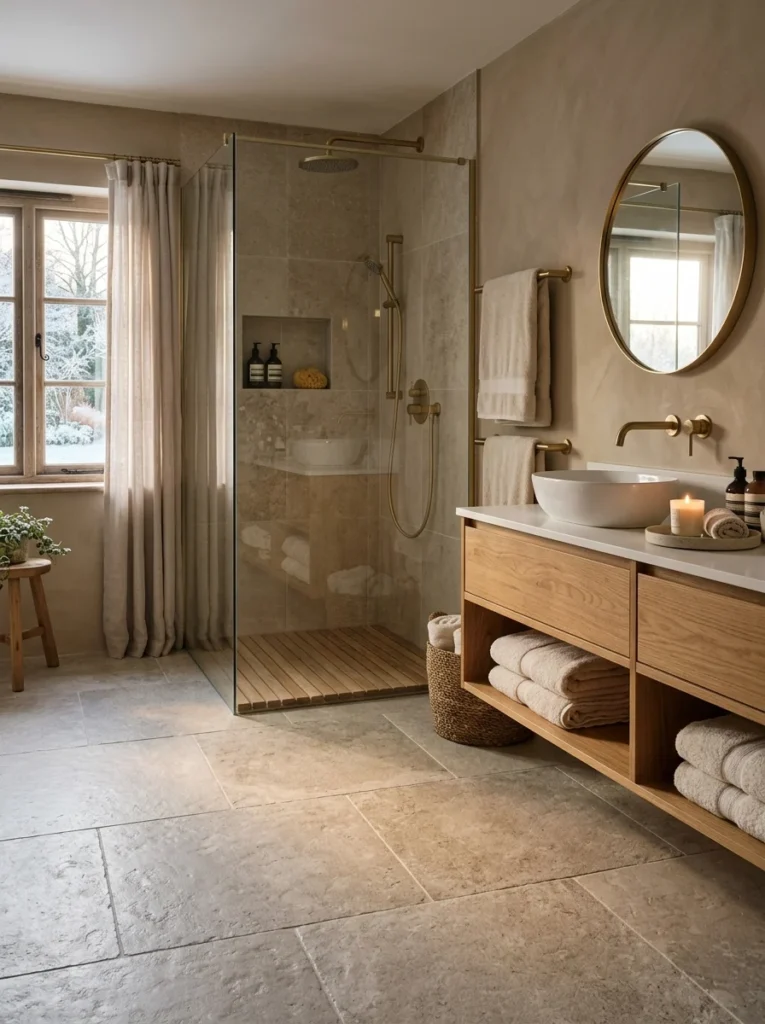 Modern bathroom with comfortable heated tile flooring beside a walk-in shower.