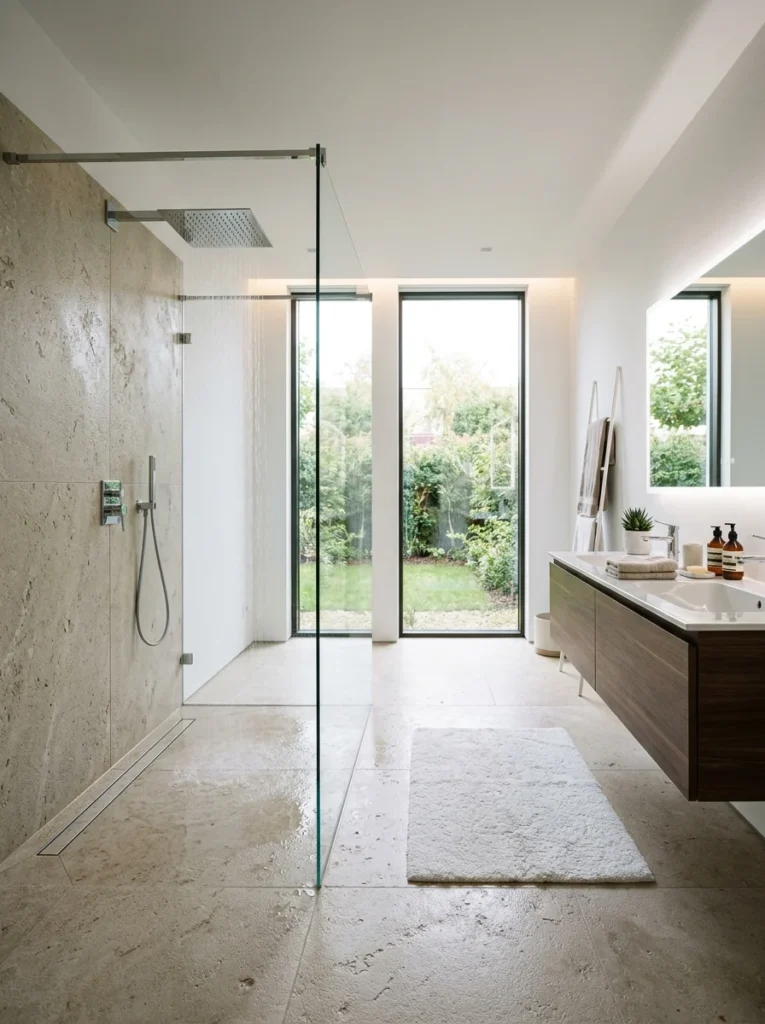 Barrier-free walk-in shower with seamless continuous bathroom flooring.