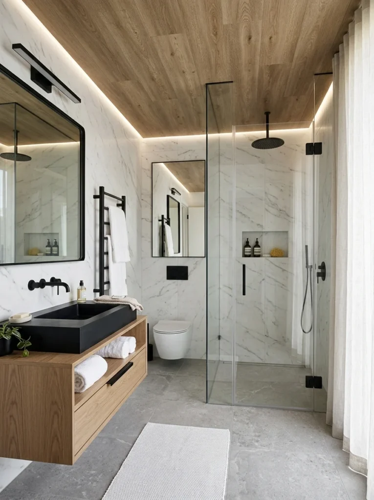 Waterproof wood-look vinyl ceiling in a modern bathroom.